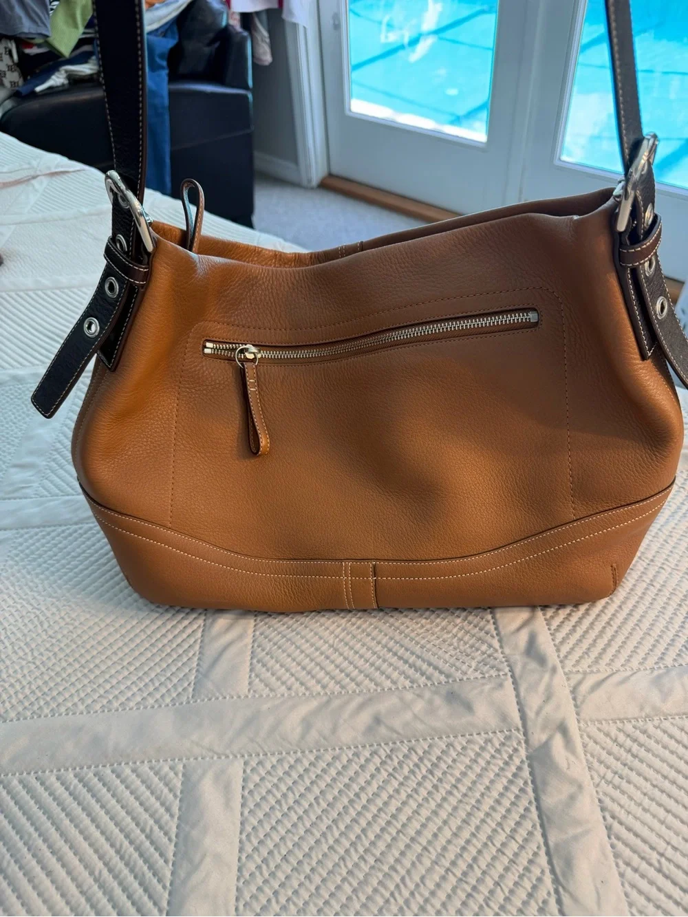 Coach Oversized Tan Leather Crossbody Tote with Brown Trim Beautiful Bag